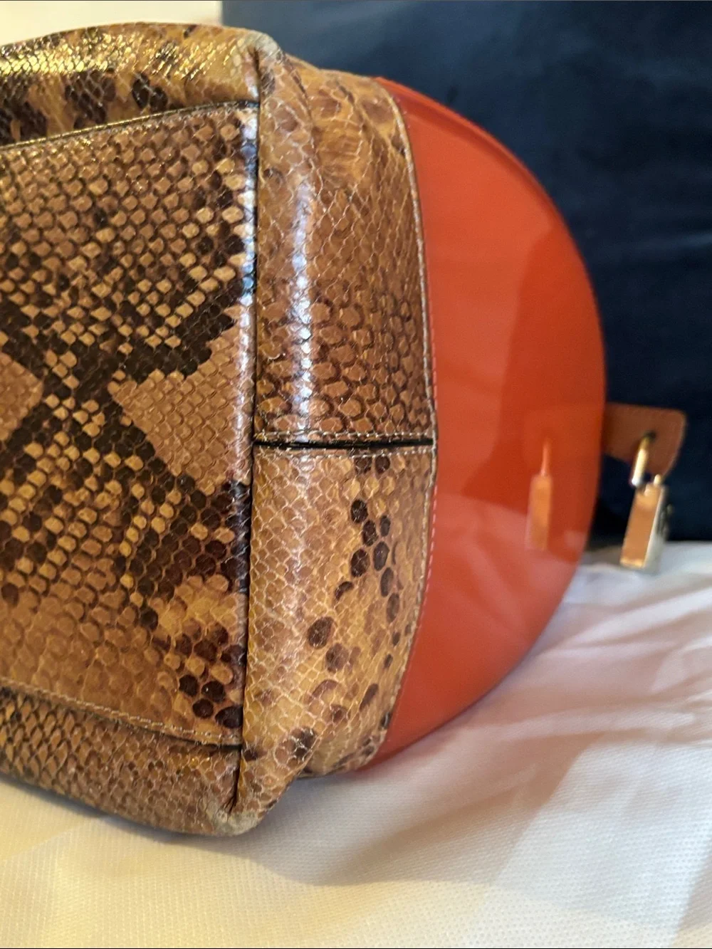 Furla Candy Satchel — Orange with Brown Snake-Print Base